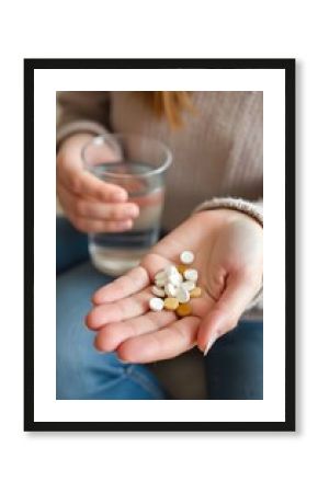 A close-up of a person taking medication, holding pills in one hand and a glass of water in the other. The focus highlights the act of taking medicine, emphasizing health and wellness
