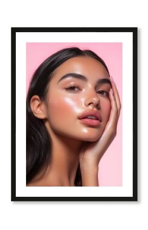 Stunning Latina woman with radiant skin and soft makeup gently touches her cheek in this close-up portrait against a pink background. Perfect for skincare ads, beauty photography, with generative ai