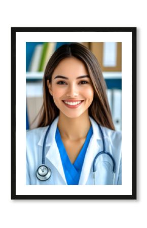 Professional young Caucasian female doctor with dark hair in a white lab coat standing in a hospital office , ready to provide medical care. Medicine, health care concept.