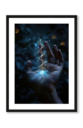 Glowing DNA strand floating above hand