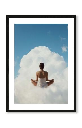 Latina Woman Meditating in Tranquil Fantasy Cloudscape at Sunrise, Minimalist Surrealism