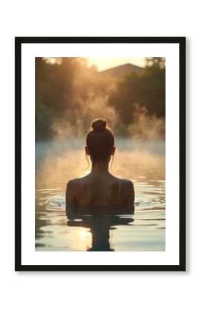 Tranquil woman enjoying misty sunrise in relaxing warm water spa for wellness retreat