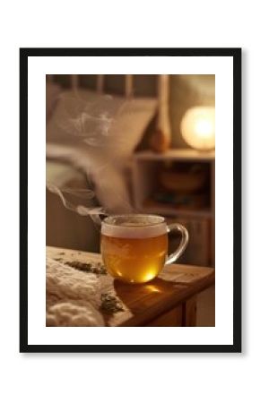Cozy Bedside Ambiance with Steaming Herbal Tea for Relaxation and Stress Relief