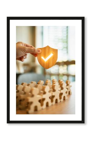 Shield icon and people model. Security protection and group  insurance. The concept of family home, protection, health care day, car insurance.