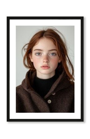 A girl with red hair and blue eyes is wearing a brown coat