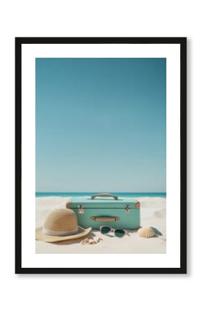 Summer Vibes: Vintage Suitcase, Sun Hat, Sunglasses, and Seashell on Tropical Beach with Clear Blue Skies and Tranquil Ocean Waves