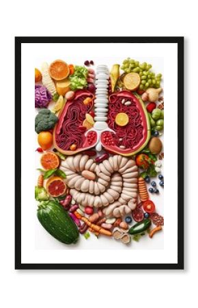 A vibrant 3D illustration of the human digestive system surrounded by fresh fruits, vegetables, and probiotics, highlighting gut health on a white background.