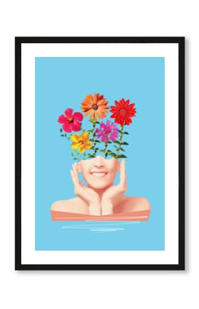 Mental health awareness concept. Happy female head with flowers inside. Mindfulness, positive thinking, self care idea. Conceptual design