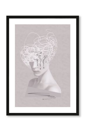 Portrait of unhappy and tired woman. Searching for peace and tranquility. Abstract human brain, drawn style. Mental health concept - art design or collage.