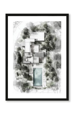 Aerial view of modern wellness retreat with lush greenery and central pool, showcasing architectural harmony with nature. design emphasizes tranquility and relaxation in serene environment
