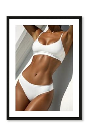 Cropped image of slim tanned female body in white underwear on white background. Concept of body and skin care. Wellness