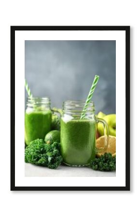 Glass jar mugs with green health smoothie