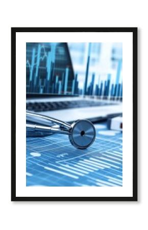 Stethoscope Rests On Medical Charts, Laptop Displaying Healthcare Data Graphs In Background.