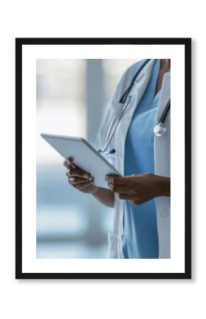 Doctor holding digital tablet, close-up view, medical professional in hospital, healthcare technology in modern medicine setting, healthcare concept