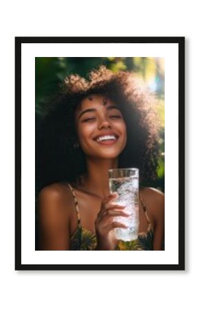 Woman in tropical setting holding a glass of sparkling water, radiating joy and freshness, highlighted by natural sunlight.