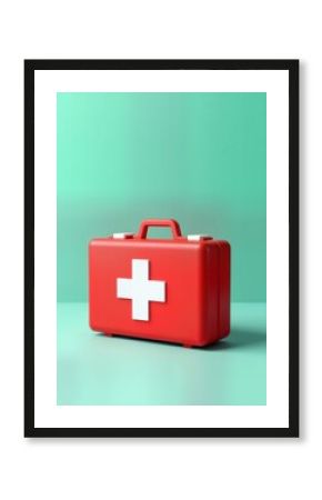 Compact red first aid kit with white cross symbol. Minimalist pop art style. Emergency health supplies. Essential for urgent medical care. Modern design. Lifesaving tools. Visual representation of