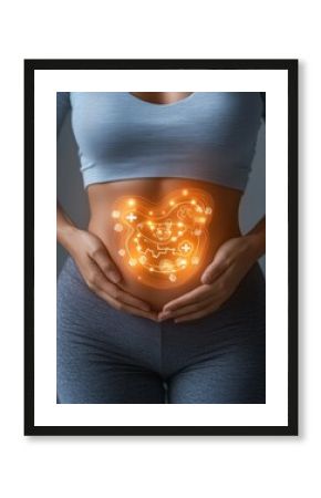 Close up of unrecognizable young woman holding hands over stomach showing futuristic digestive system projection suggesting good health and digestion