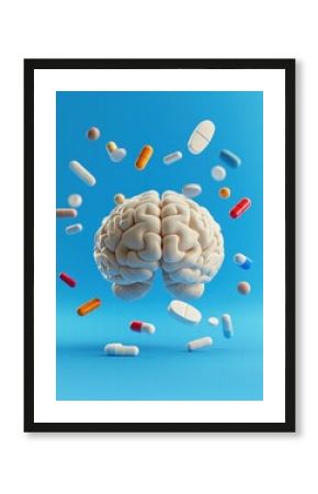 3D model of a human brain surrounded by various pills on a bright blue background showcasing health and wellness themes. Generative AI