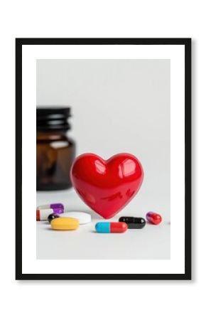 A heart is surrounded by a variety of pills, including some that are red. Concept of health and wellness, as the heart is a symbol of life and vitality. The pills, on the other hand