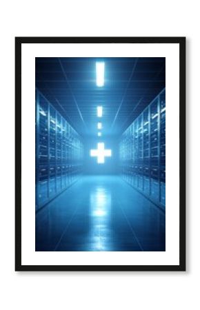 A secure server room showcasing encrypted patient health records, glowing digital interfaces