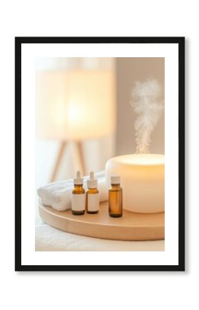 Aromatherapy and relaxation scene with essential oils and diffuser for wellness