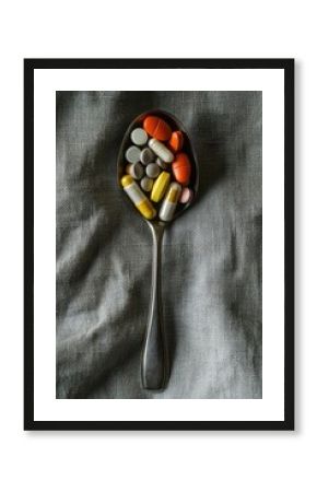 Medication spoon filled with various pills, indicating health or prescribed medications.