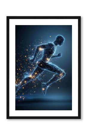 This captivating image depicts a digital representation of a runner, showcasing a network of glowing connections and energy, symbolizing speed, vitality, and technological integration in sports.