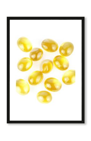 Softgel capsules filled with yellow oil arranged neatly on a white surface, showcasing their oval shape and glossy appearance, ideal for dietary supplements and health products