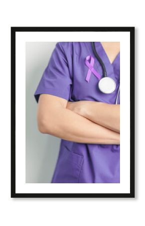 Doctor holding purple Ribbon for Violence, Pancreatic, Esophageal, Testicular cancer, Alzheimer, epilepsy, lupus, Sarcoidosis and Fibromyalgia. Awareness month and World cancer day concept
