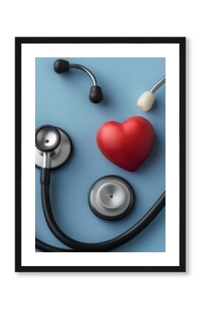 A stethoscope rests near a vibrant red heart and delicate flowers, symbolizing health and care within a tranquil setting