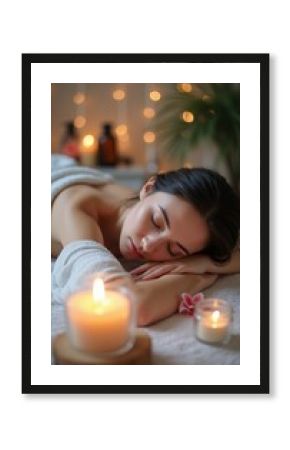 A tranquil scene featuring a young woman with long hair, peacefully receiving a massage in a softly lit spa environment. The warm glow of candles and fairy lights creates a soothing atmosphere