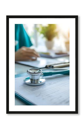 Closeup of a stethoscope on top of a medical report in a doctor's office