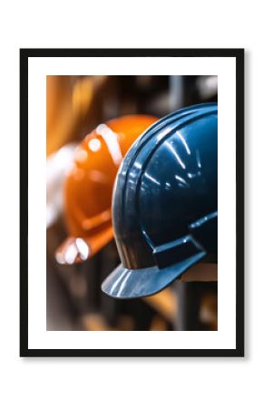 A close-up of safety helmets in various colors, highlighting their importance in industrial and construction environments.