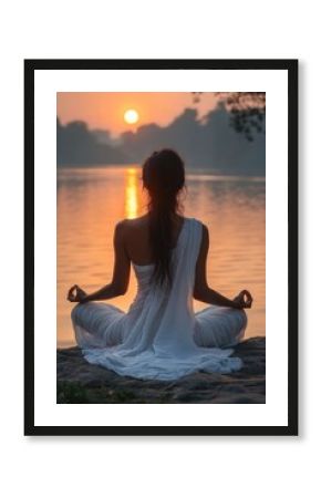 Woman meditating at sunrise by the river embracing serenity and mindfulness