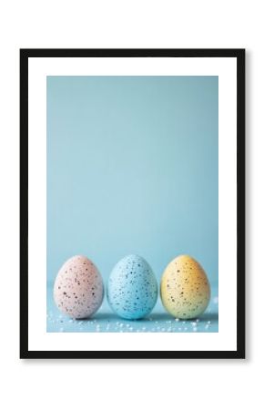 Minimalist Easter Eggs in Pastel Colors with Speckles on a Soft Blue Background for Celebrating Spring Festivities and Chinese New Year Decorations