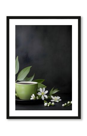 Green teacup with white blossoms on dark background, peaceful morning moment, ideal for relaxation and wellness content