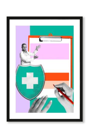 Doctor pointing at clipboard with shield featuring medical cross. Medical insurance and professional guidance. Conceptual art collage. Concept of health care, treatment