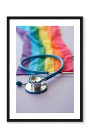 Rainbow pride flag and stethoscope. Transgender and LGBTQ+ healthcare and mental health concept.