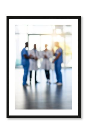 Blur, healthcare and teamwork with doctors in hospital for medical, support and solidarity. Nurse, meeting and wellness with group of people in clinic for diversity, collaboration or consulting