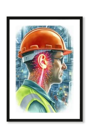 Industrial worker experiencing noise hazard in factory safety awareness professional environment