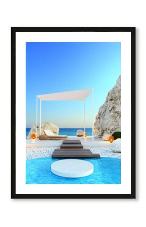 Seaside Relaxation Spot Lounger, walkway, pool by a rock formation, blue sea and sky, for lifestyle or wellness advertising