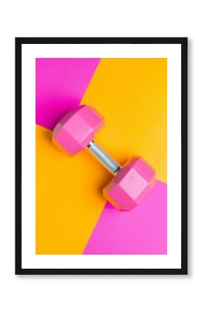 Dynamic weightlifting action home gym fitness equipment bright colors overhead view motivation and wellness