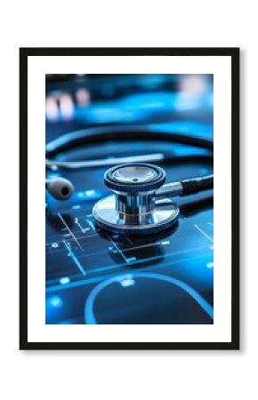 Stethoscope rests on a blue digital screen showing medical data