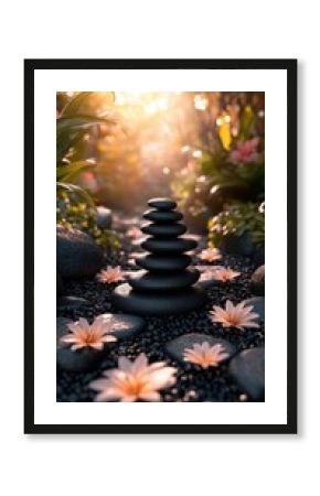 Peaceful Zen Garden with Stacked Stones and Lotus Flowers in a Sunlit Oasis of Greenery