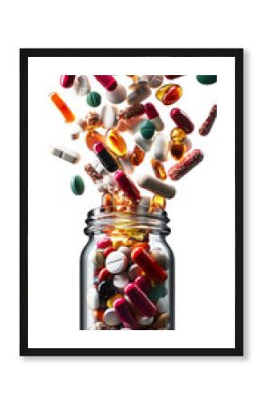 Transparent Background Colorful Pills and Capsules Spilling from Glass Jar