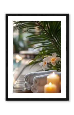 Spa Towels Near Pool with Candles and Palm Leaf