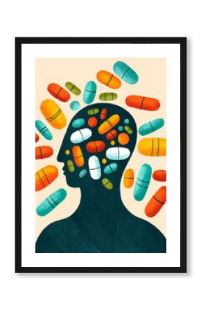 Creative design of a head filled with colorful capsules