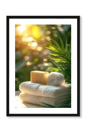 Spa serenity: soap for towels, lush nature bokeh.