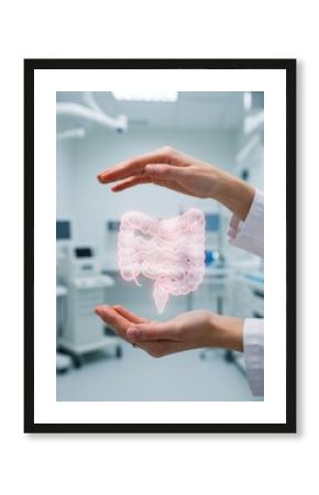Human digestive system concept with holographic intestine in medical setting for health education and awareness