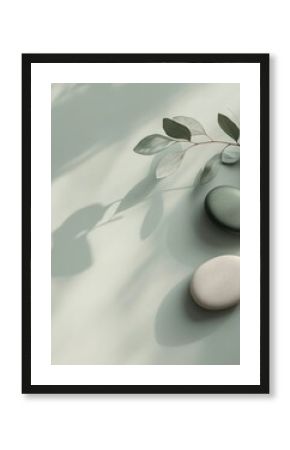 Zen stones and eucalyptus branch casting shadows on a pastel background